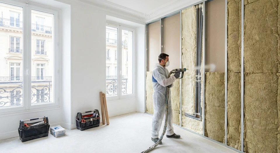 Photographie d'un chantier intérieur de rénovation où un ouvrier applique de la laine de verre ou de la mousse isolante sur une paroi murale avec un équipement professionnel. La scène montre clairement des travaux d'isolation thermique par l'intérieur, dans un contexte résidentiel moderne. L'image doit transmettre le sérieux professionnel et la qualification des interventions d'isolation.