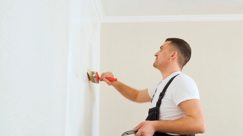 Homme en salopette et t-shirt blanc appliquant de la peinture blanche sur un mur intérieur avec un pinceau à manche rouge