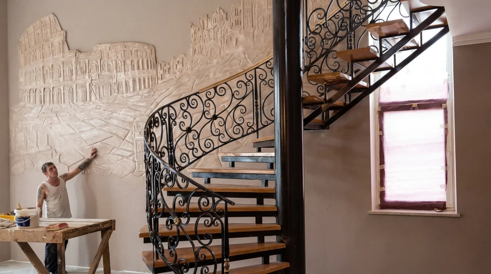 Salle de bain luxueuse vue en plongée, baignoire encastrée blanche, parois en grands carreaux effet marbre blanc veiné gris type Statuario