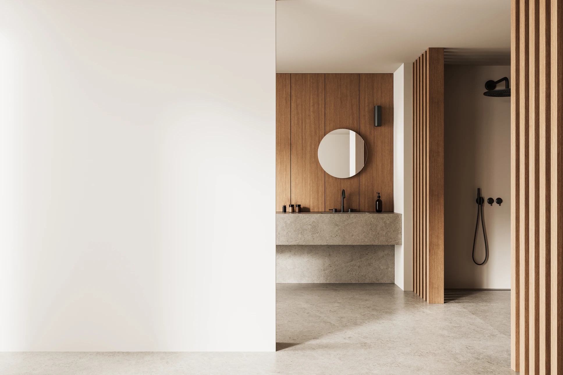 Salle de bain moderne avec baignoire îlot blanche, douche à l'italienne carrelée beige, double vasque suspendue en béton ciré, miroirs rectangulaires noirs