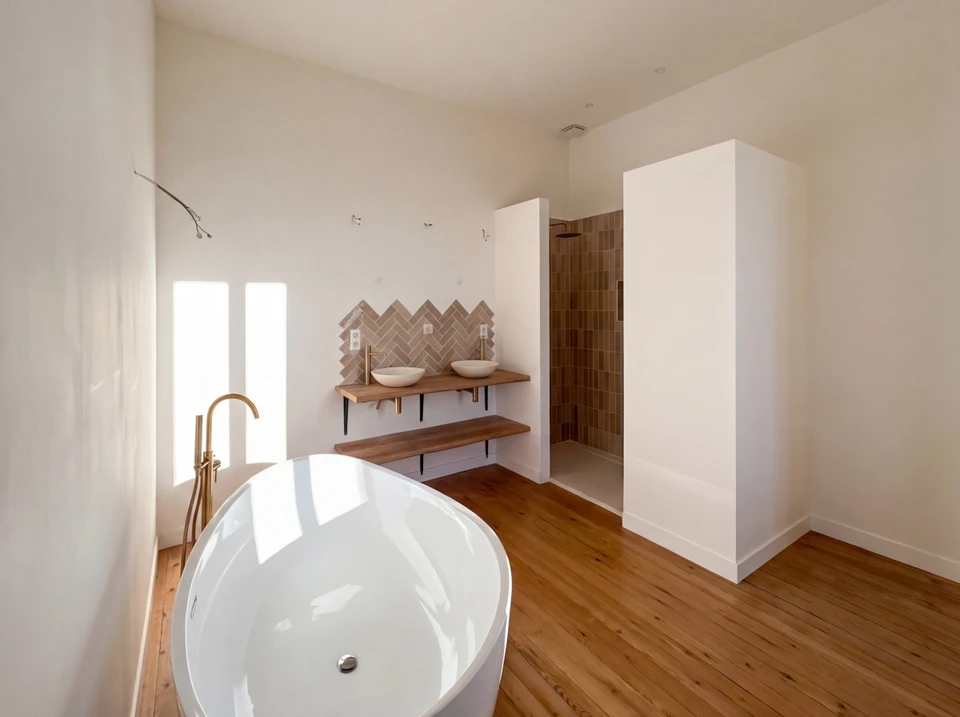 Salle de bain moderne luxueuse avec double vasque, rangements intégrés, miroir mural et cabine de douche vitrée