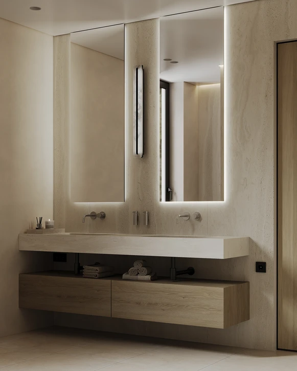 Salle de bain moderne avec douche à l'italienne, meuble vasque suspendu blanc, vasque à poser ronde, miroir encadré bois avec éclairage LED intégré, WC suspendu