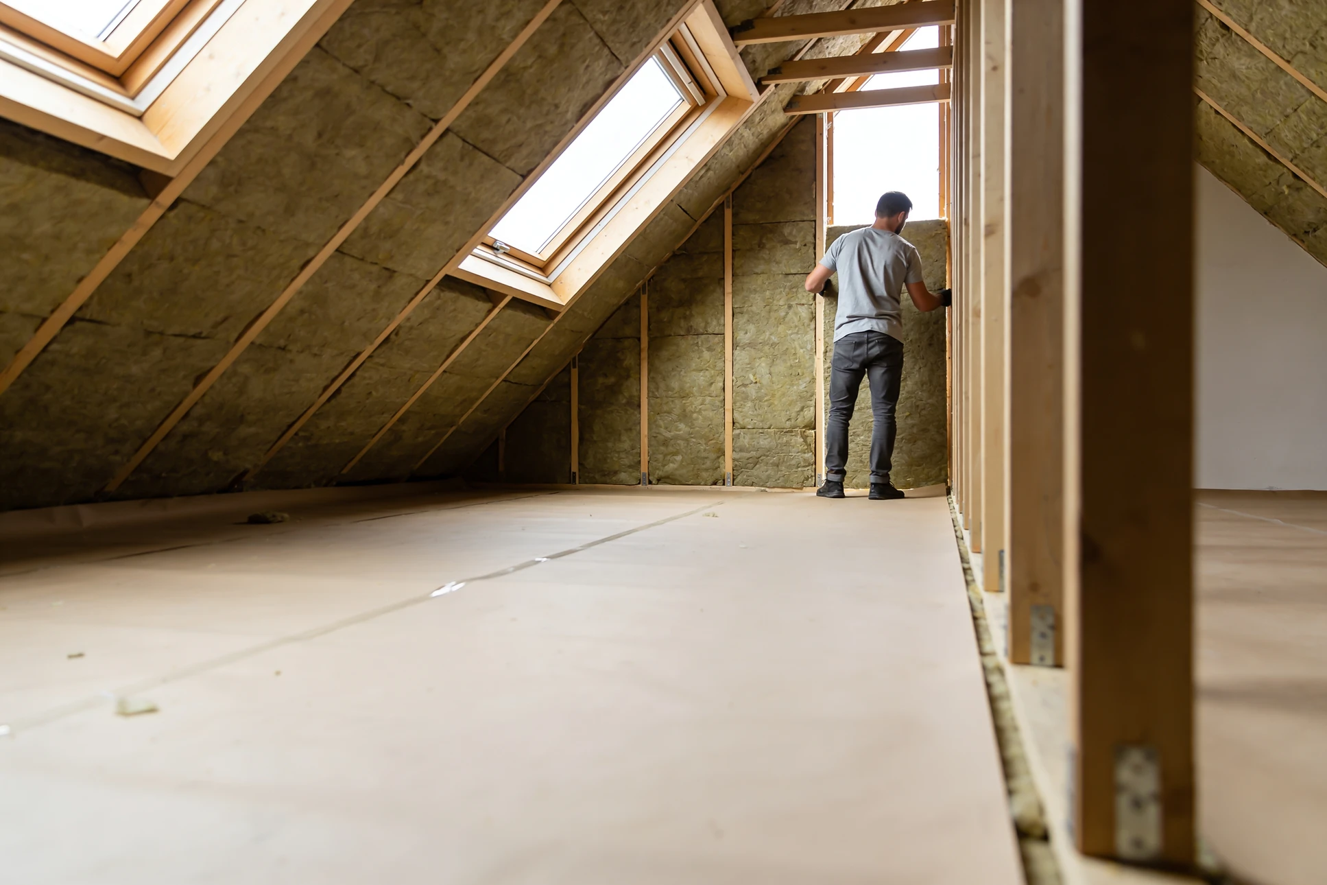 Ouvrier en combinaison de protection blanche applique de l'isolant thermique par projection dans les combles d'un bâtiment